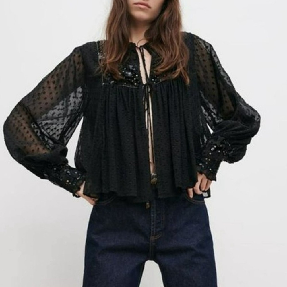 Zara Black Plumetis Sequins Beaded Tassel Tie Front Blouse Jacket XS. NWT!